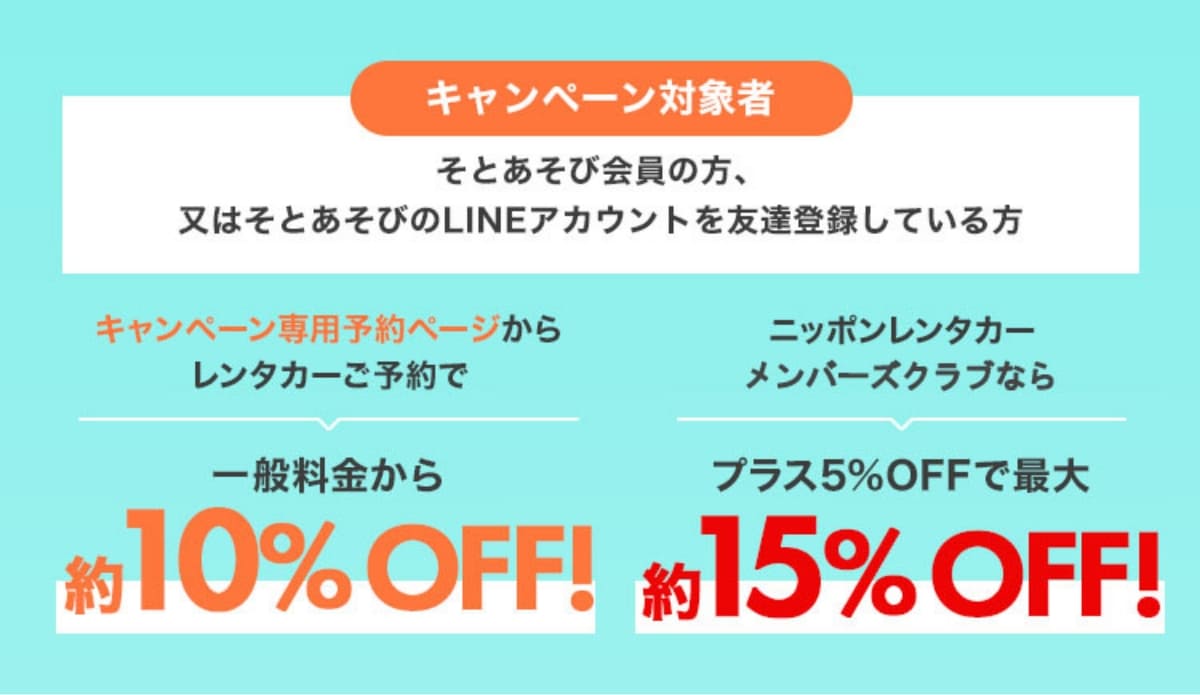 SOTOASOBI会員限定で、ニッポンレンタカーの利用料金が「最大15%OFF」になるキャンペーンを開催中です。