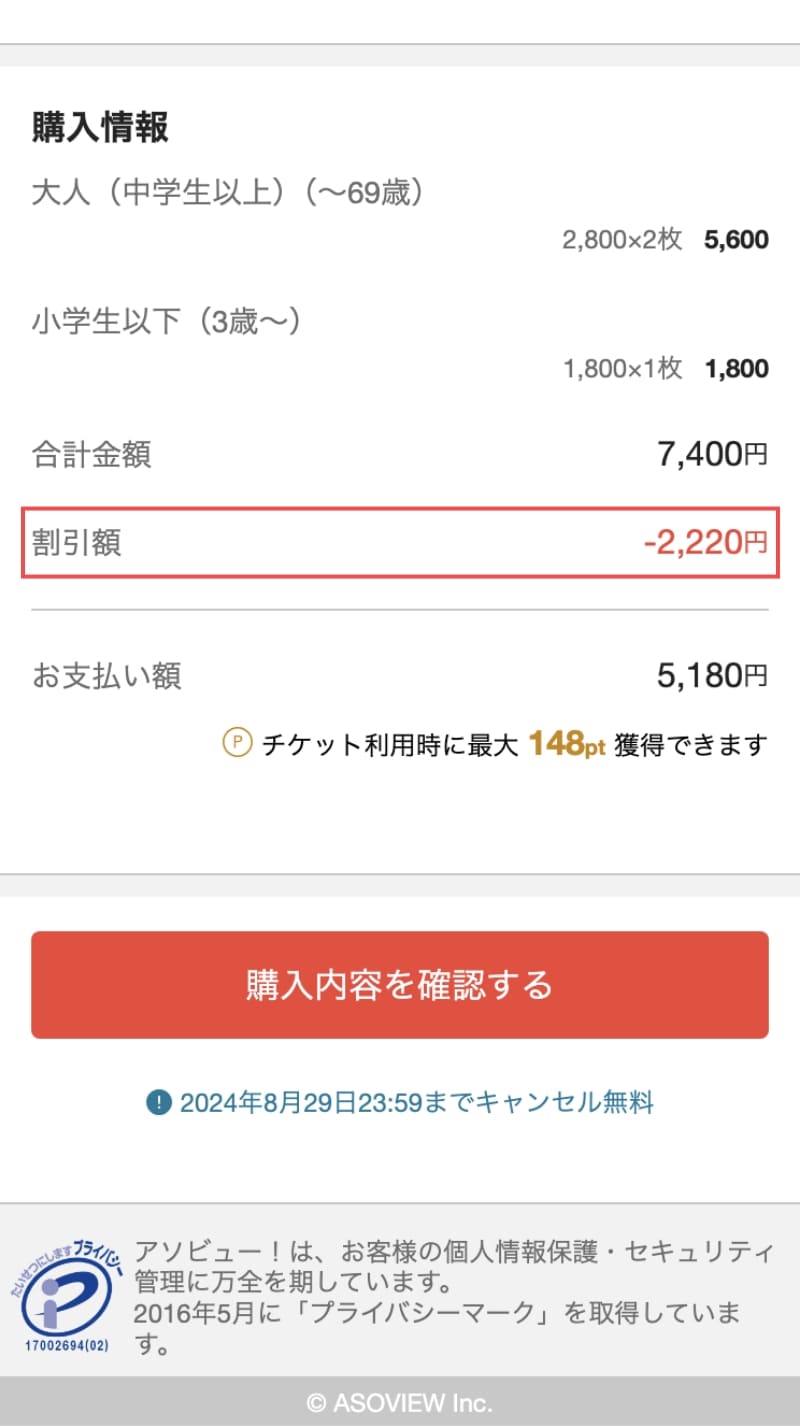 購入情報に「クーポン割引額」が適用されます。