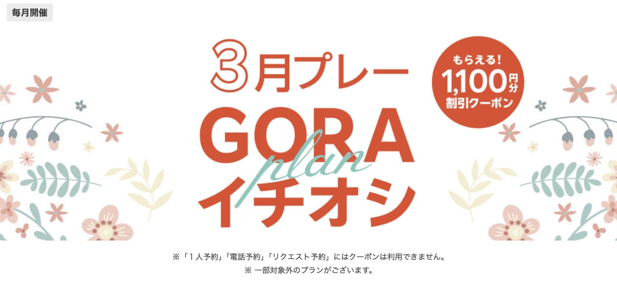 【1,100円割引クーポン】GORAイチオシプラン特集