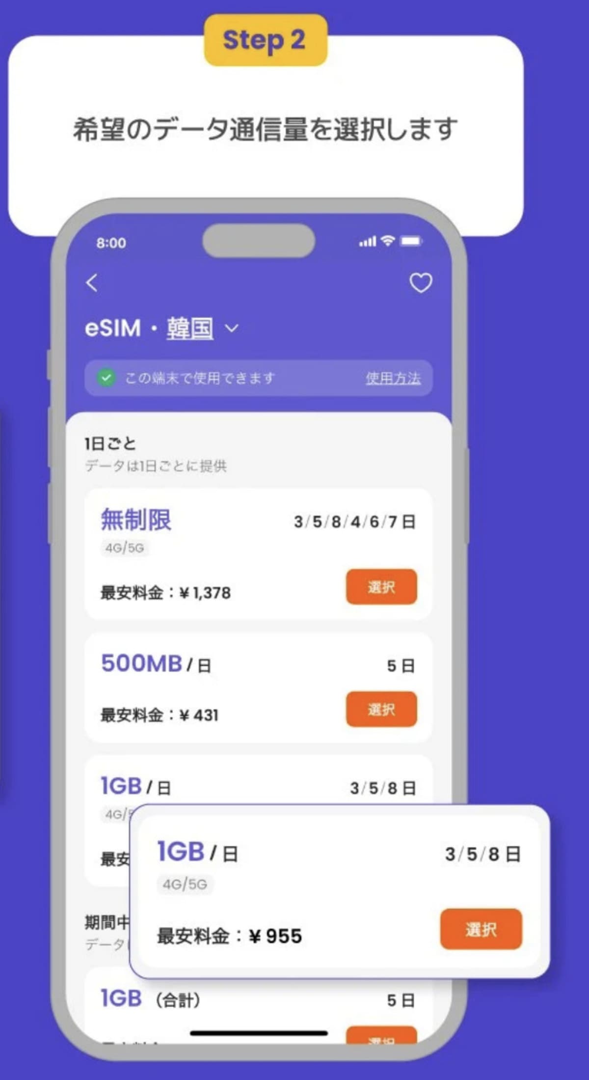 該当のeSIMプランから希望の「データ通信量」を選択します。