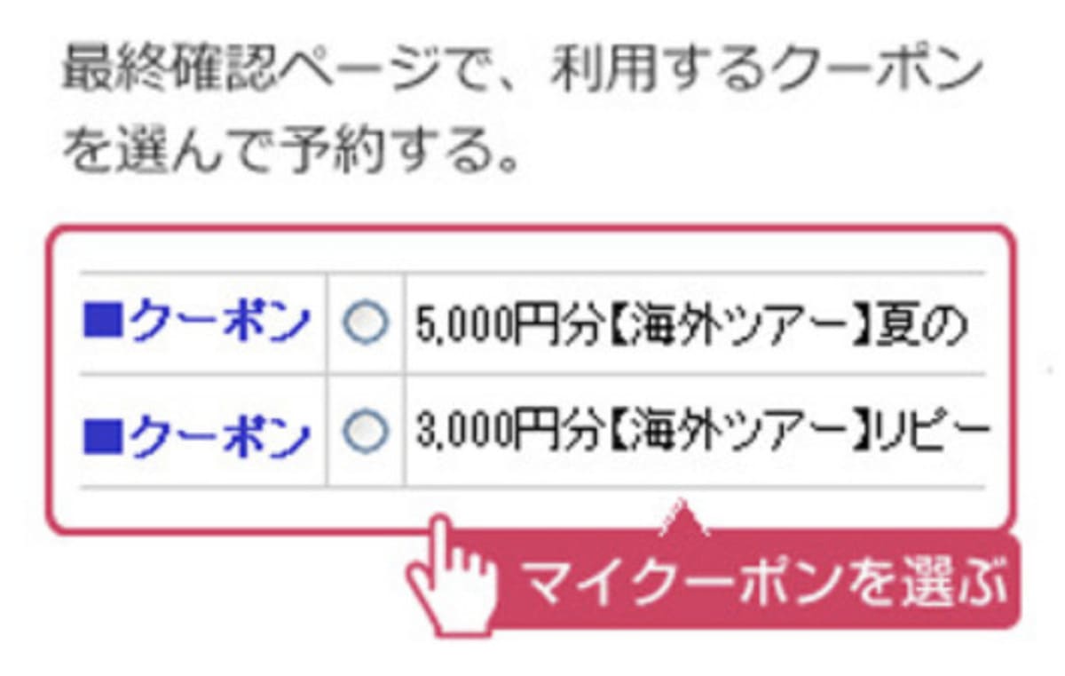 予約時のお客様情報入力後に表示される最終確認画面で取得した「割引クーポン」を選択します。
