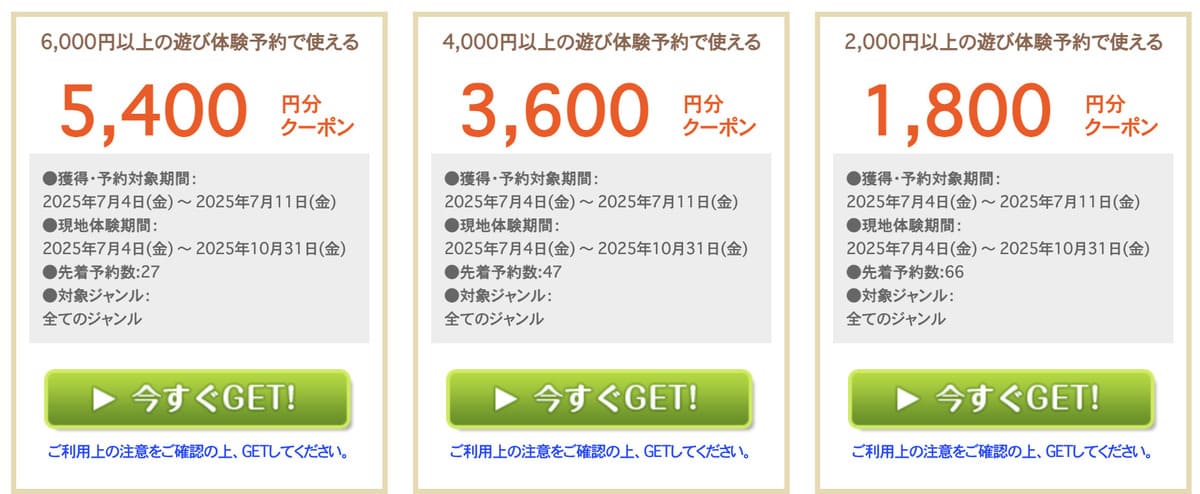 じゃらん遊び体験の10周年記念キャンペーンでは、最大90%割引クーポンを毎週金曜日の10時から3種類配布しています。