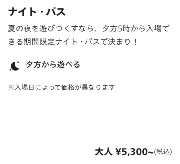 ナイト・パス(夏限定17時以降入場)