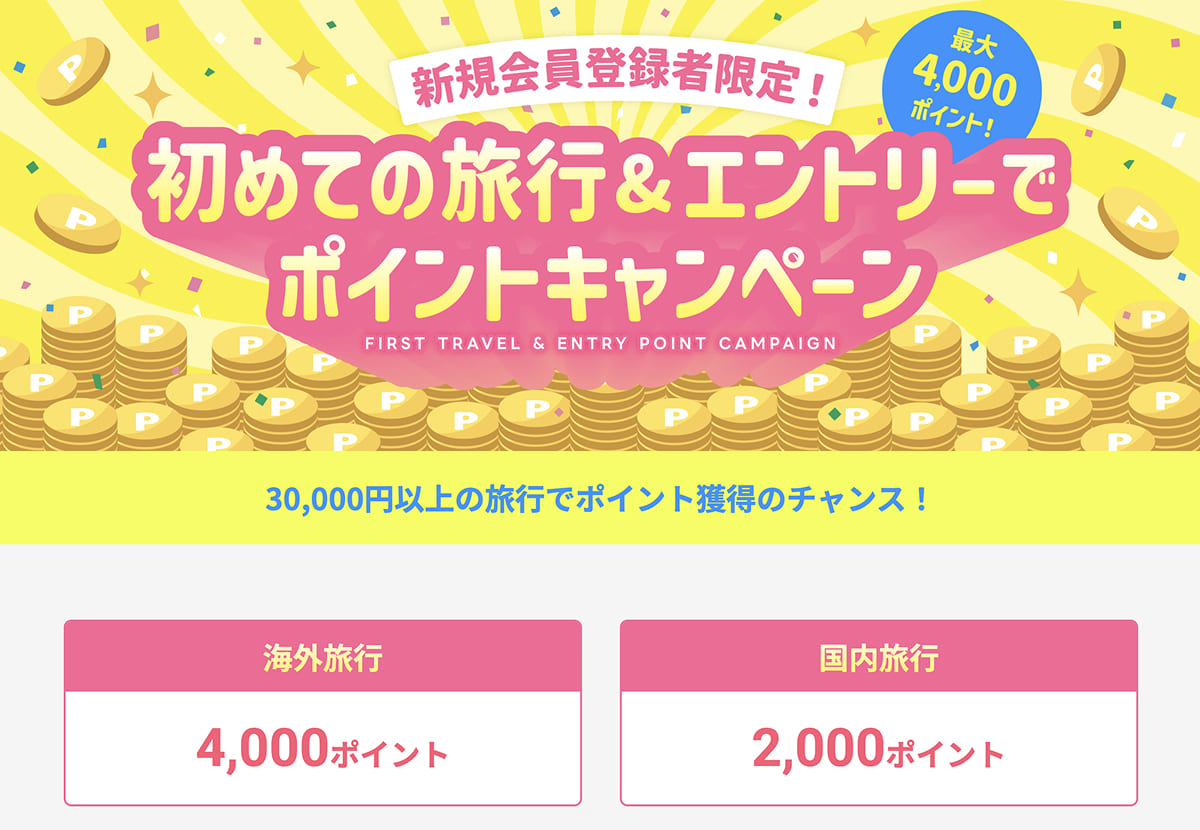 初めての旅行&エントリーでポイントキャンペーン