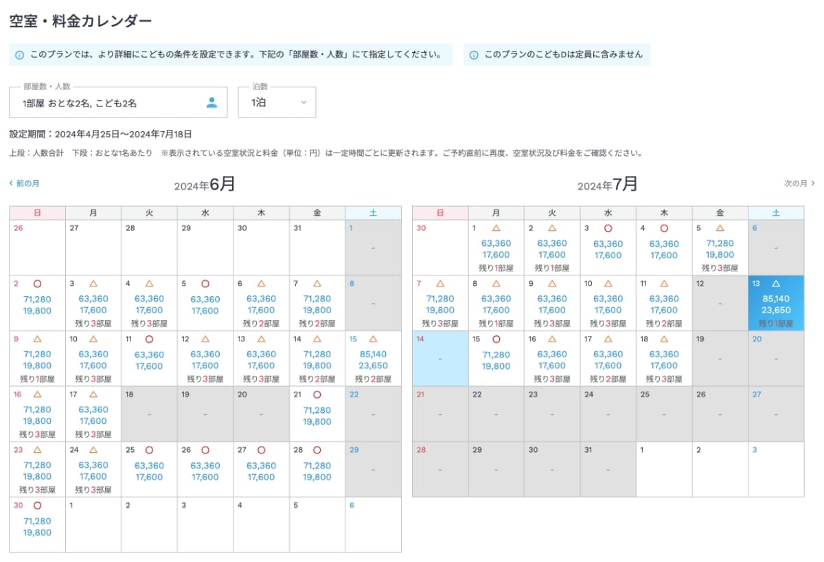 次に、空室・料金カレンダーから選択した日付を確認します。